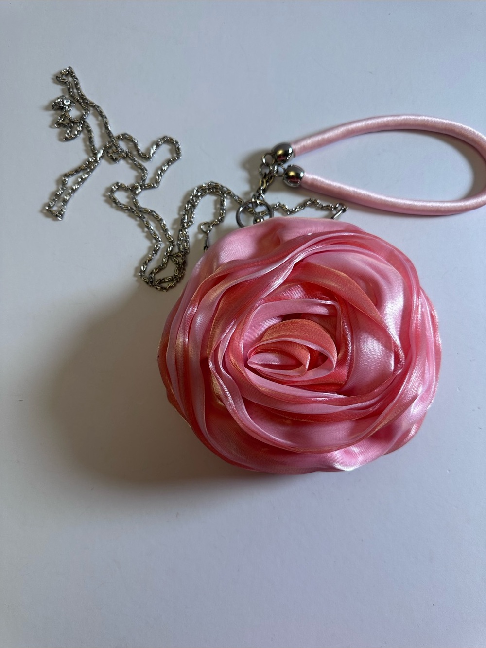 🌹 PINK ROSE GLAM EVENING BAG — PETAL-PERFECT SATIN ROSE WRISTLET/CROSSBODY NWOT